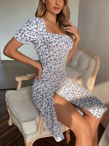 Vestido Estampado Margarita: Manga Corta Volante, Cuello Cuadrado, Falda Midi con Lateral – Encanto Retro, Ajuste Femenino, Estilo Clásico con Detalles Atractivos | Perfecto para Uso Diario, Vacaciones, Playa y Vestidos Casuales para Mujer - Azul - Ver 5