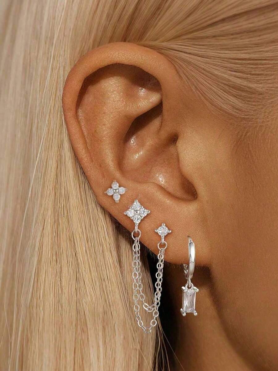 3Pcs Exquisite Hoop Earring Stud Sets For Women Flower Cartilage Piercing Earrings Fashion Jewelry, Hypoallergenic Silver Dangle Earrings Dainty Small Long Chain Earring - Silver - View 1