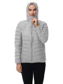 Winter Plus Size Women's Lightweight Packable Down Jacket, Hooded Long Sleeve Work Coat, Warm & Windproof For Autumn/Winter - Light Grey - View 6
