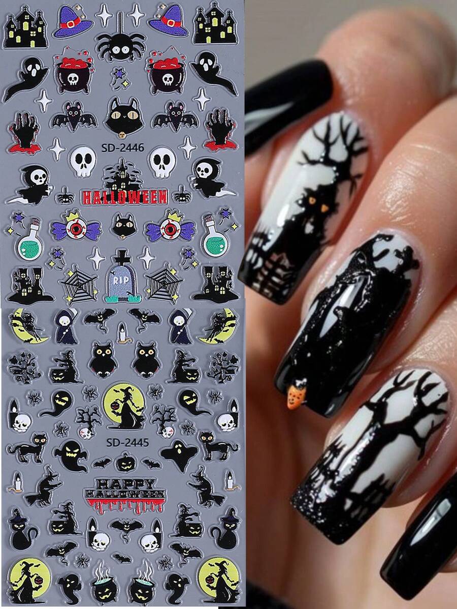 2 PIEZAS Pegatinas de uñas con relieve 5D espeluznantes para Halloween con gato negro, telaraña, murciélago, negro oscuro, decoraciones de uñas autoadhesivas tipo slider góticas Y2K para decoración de manicura en festividad de Halloween