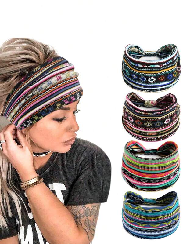 4pcs Boho Wide Headband, Yoga Sweatband, Sports Headband, Moisture Wicking Stretch Cotton Headband For Women
