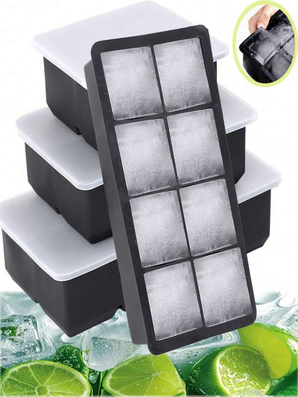4/6/8/Grid Big Ice Tray Mold Box Large With Cover, Silicone Ice Cube Square Tray Mold Diy Bar Pub Wine Ice Blocks Maker Mode(Black)