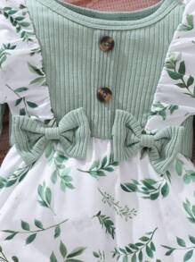 2 Stücke/Set Baby Mädchen Herbst/Winter grün Langarm Spitze Schleife Knopf Blatt Allover Muster Romper und Stirnband Set