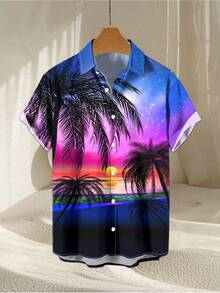 Camisa de hombre con estampado 3D de cielo estrellado de verano, puesta de sol y árbol de coco