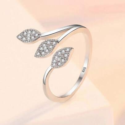 925 Sterling Silver Plated Leaf Rings With Zirconia Opening Adjustable Ring For Women Simple And Versatile Accessories, New Year/Valentine's Day/Wedding Gifts/Music Festival Perfect Gift