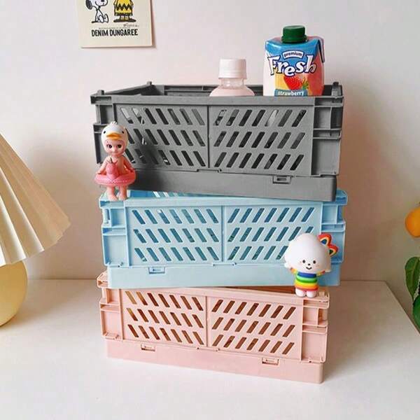 1pc Desktop Folding Storage Box, Student Makeup Organizer Basket, Dorm Snack Shelf, Plastic Small Storage Basket
