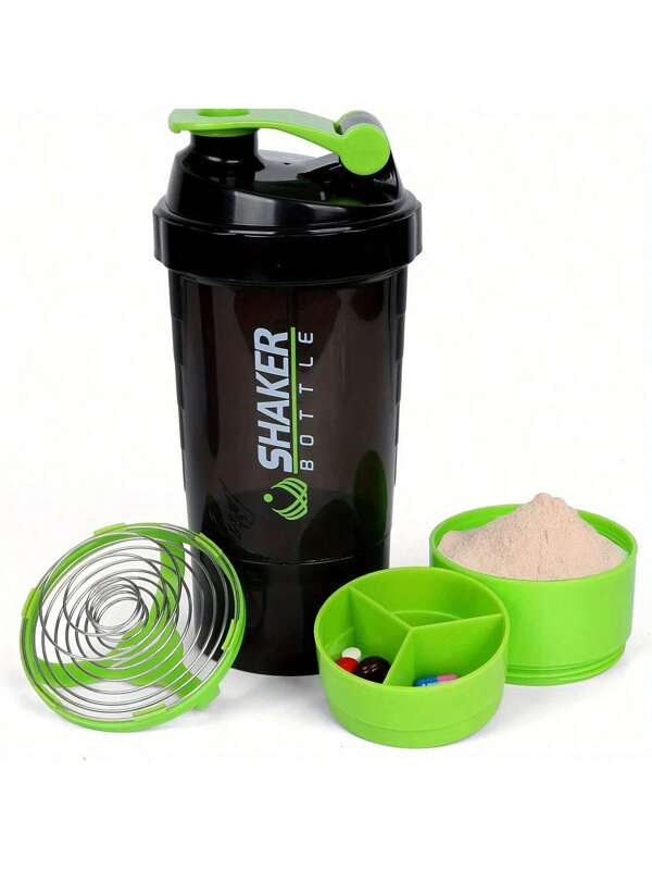 1pc 16OZ Soy Milk Powder Shaker Bottle With Mixing Ball - Leakproof, Dual-Layer Storage For Powder & Capsules, Suitable For Teenagers To Mix Powder, Can Hold Capsules For Portable Use