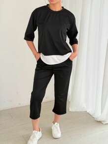 Conjunto de pijama de manga larga de unicolor y ajuste ceñido para mujer, ropa de otoño