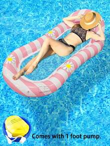 1pc Inflatable Floating Raft, Daisy Stripe Fresh Style With Middle Net, Summer Pool Water Play Inflatable Raft Swim Ring, For Pool Party And Water Gathering, Available In Single Hole Or Multi-Hole Floating Bed Set - Small Daisy Floating Raft With Middle Net - View 18