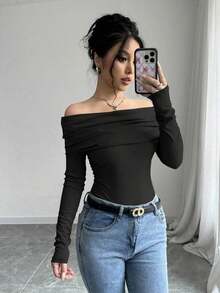 Women's Elegant Off Shoulder Ruffle Long Sleeve Solid Color Blouse - Negro - Ver 1