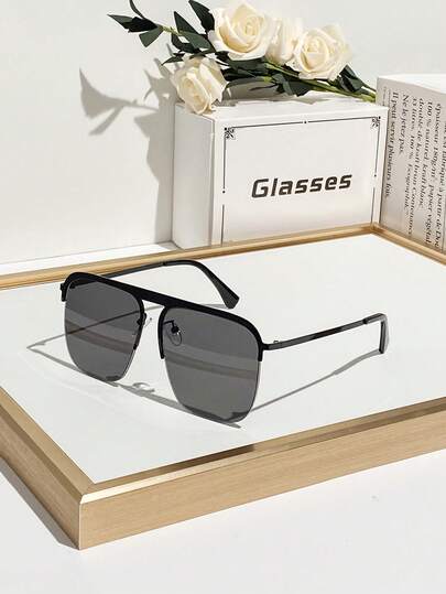 1 件男士金属半框高端品质时尚眼镜，时尚大框奢华简约优雅装饰眼镜，适合商务通勤、街头摄影