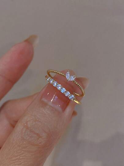 2pcs/Set Fashion Zinc Alloy Rhinestone Heart Decor Cuff Ring For Women For Daily Life Valentines,Mom,Mother,Mother's Day,Gift