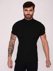 American Style Ribbed High Neck T-Shirt - 黑色 - 查看 5