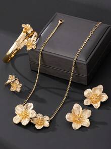 1 套优雅花卉主题女士手链、戒指、项链和耳环首饰，情侣度假风格礼物（无礼盒） - 金黃色 - 查看 2