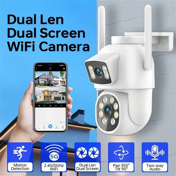 Überwachungskamera mit Dual-Objektiv, mit Dual-Zone Überwachung, Scheinwerfer Nachtsicht, Zwei-Wege Audio, Dual-Band WLAN (2,4/5 GHz), per USB betriebene Innen- und Außen-Sicherheitskamera - kompatibel mit Smartphones/Tablets/Laptops, für Heim- und Gewerbeanwendungen, kompaktes Design, hochwertige Linse, Fernüberwachung