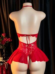 Sexy Lingerie, Open Crotch Design, Lace Skeleton Jumpsuit, Elegant Women's Jumpsuit, Bed Seduction Clothes, Passion Robe - [紅色的] - 查看 2