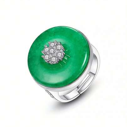 SEQUITO 1 Pc Classic Pave Setting Round Green Adjustable Open Cuff Ring AAA Cubic Zirconia Women Elegant Silver Plated Jewelry For Daily Party