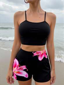 Swim Lushoire Women's Loose Lily Flower Printed Pocket Beach Shorts, Suitable For Summer Vacation