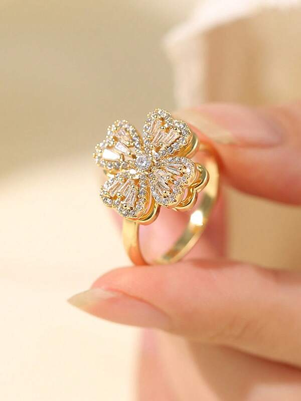 1pc Elegant 4-Leaf Clover Zirconia Inlaid Rotating Open Ring, Versatile Minimalist Women Jewelry Gift
