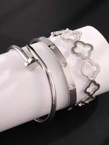 3 件套不锈钢钉子和四叶草手链和项链套装，适合女性日常佩戴、圣诞礼物、节日礼物