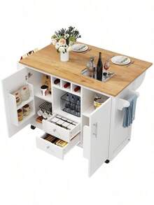 "White Kitchen Cart With Folding Worktop | Buffet Cabinet & Trolley | Towel Rack, Spice & Wine Racks | Adjustable Shelves" - White - View 11