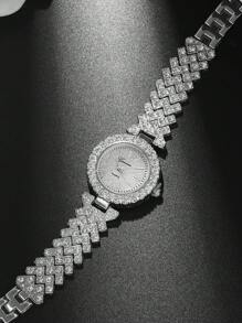 2pcs Women's Fashionable And Casual Quartz Watch, Round Luxury Full Diamond Watch, Paired With Diamond Studded Bracelet Jewelry Combination Set, Suitable For Daily Wear, Festivals And Parties, The Best Gift For Women.