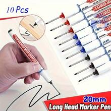 10pcs Multi-Surface Deep Hole Marker Pens, Waterproof, No Bleed, Long Nib, Red, Black, Blue, Green Oil Ink Markers For Woodworking, Construction, DIY Crafts, Plastic Material, No Electricity Needed School Supplies,Back To School