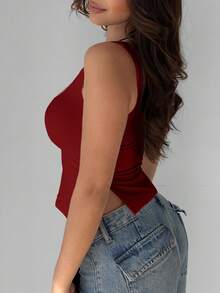 Mystra Summer Casual Solid Color Pleated Side Slit Camisole - Burgundy - View 5