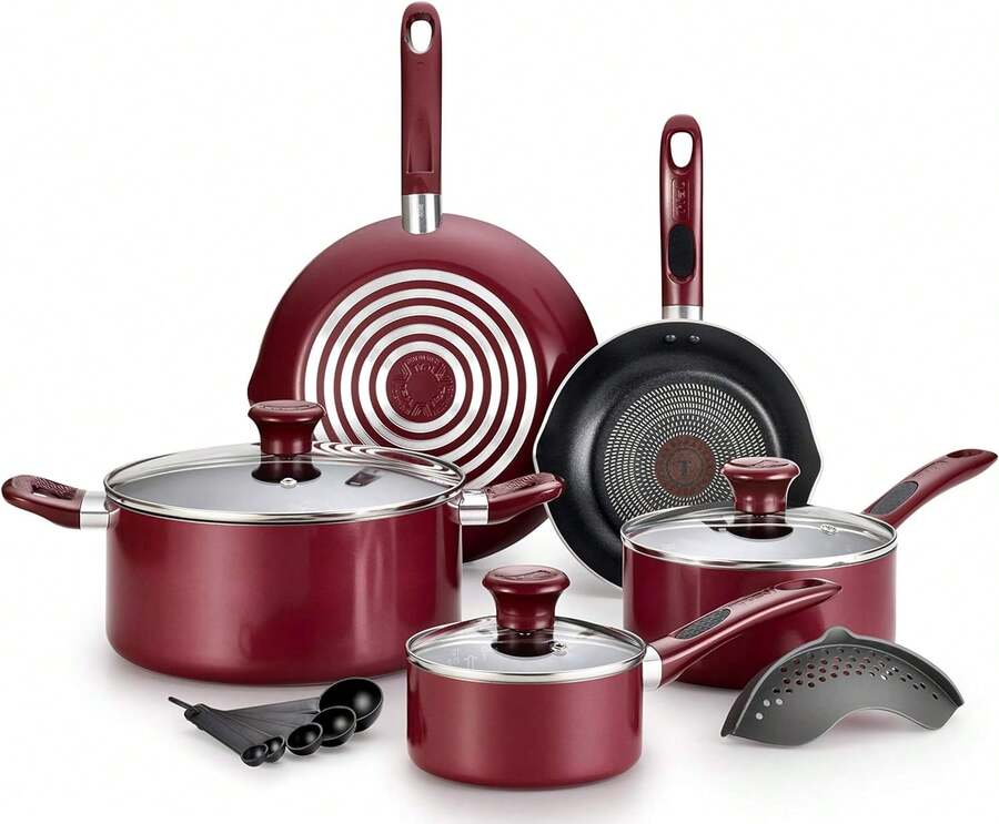 IMGCUKVZERETAILLLC T-Fal B039SE64 B039SE Excite ProGlide Nonstick Thermo-Spot Heat Indicator Dishwasher Oven Safe Cookware Set, 14-Piece, Red, 2.3 Rio - Red - View 1