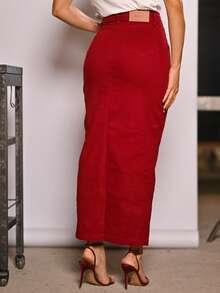 Women's Long Denim Skirt With Front Opening And Elastane Paris Collection - 紫紅色 - 查看 2