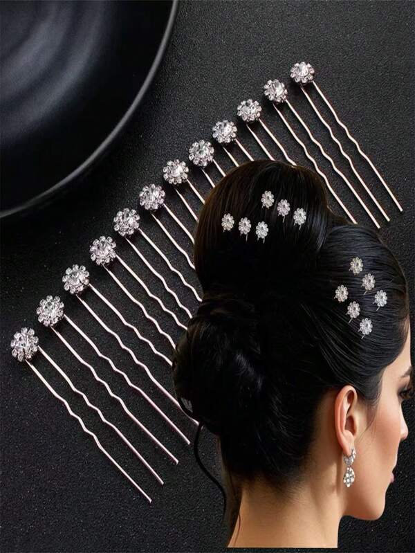 12 pièces/set Kit d'accessoires de base pour coiffure de mariée, épingles à cheveux avec design en cristal rond brillant, barrettes en cuivre bohème décontracté, peignes, peigne latéral