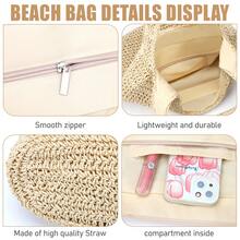 Handmade Straw Woven Handbag, Woven Mesh Beach Bag, Shoulder Bag, Foldable Large Capacity Bag, Suitable For Beach, Camping, Commuting, Travel And Vacation, Full Of Fashion Sense. - 圓/米色 - 查看 4