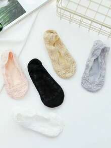 5 Pairs Women's Lace Trim Shallow Socks: Silicone Non-Slip, Korean Hollow Thin Invisible Socks, Lace Socks, Loafers, High Heels, Elegant Women's Shoes, Sandals, Heels, Fun Socks, Spring/Summer/Autumn Shallow Socks - Multicolor - View 8