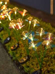 1PC 6head Solar Fiber Butterfly Ground Plug Light, Available In Warm White And Colored Light Colors, Suitable For Garden, Courtyard, Camping, Outdoor Party Decoration - Fiber Optic Butterfly Floor Light (Green Tube) - View 3