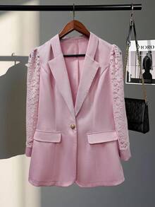 女士优雅花卉提花拼布泡泡袖西装外套