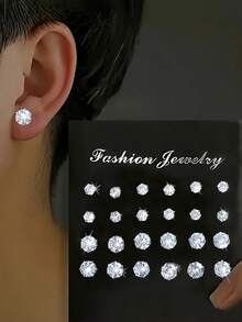 24件/套，时尚简约立体方形大颗人造锆石耳钉，耳环套装，男女同款基础款情侣耳环，适合日常、聚会、旅游、通勤、送礼