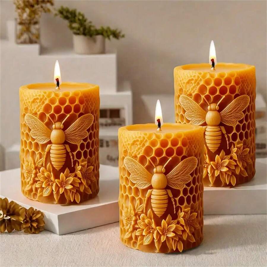 1 buah Cetakan Silinder Silikon Bentuk Sarang Lebah dan Bunga Timbul, Cetakan Dekorasi Lilin Aromaterapi DIY, Kerajinan Tangan, Pembuatan Hadiah, Bentuk Bulat Bertema Serangga - MultiWarna - View 1