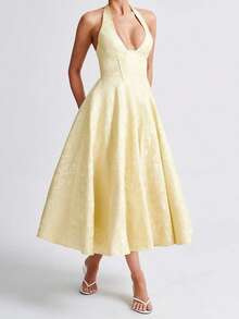 Women Jacquard Halter Dress Elegant Low Cut Sleeveless Open Back A-Line Long Dress For Evening Party Club - Màu vàng - Xem 3