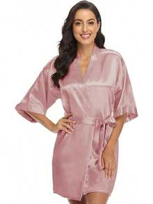 Women's Kimono Bride Bridesmaid Robes With Rhinestones Short Satin Bathrobes Wedding Party Getting Ready Day - 橡膠粉紅 - 查看 3