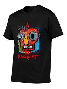 Men's Summer T-Shirt, Jean And Michel Artist Basquiat Oversized T Shirt Loose Fit Vintage Washed Short Sleeve Tee For Men Women, Comfortable Crewneck - 黑色 - 查看 2