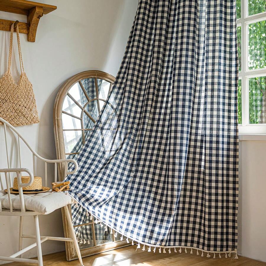 1 件简约美式格子图案窗帘，适用于卧室、客厅、阳台