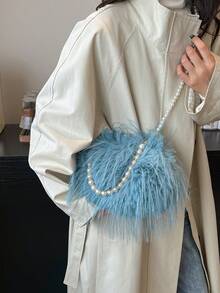 Fashionable Khaki Flap Chain Plush Handbag, Versatile Women Shoulder Bag For Daily Commute And Mobile Phone,Fringe Bag - Blue - View 5