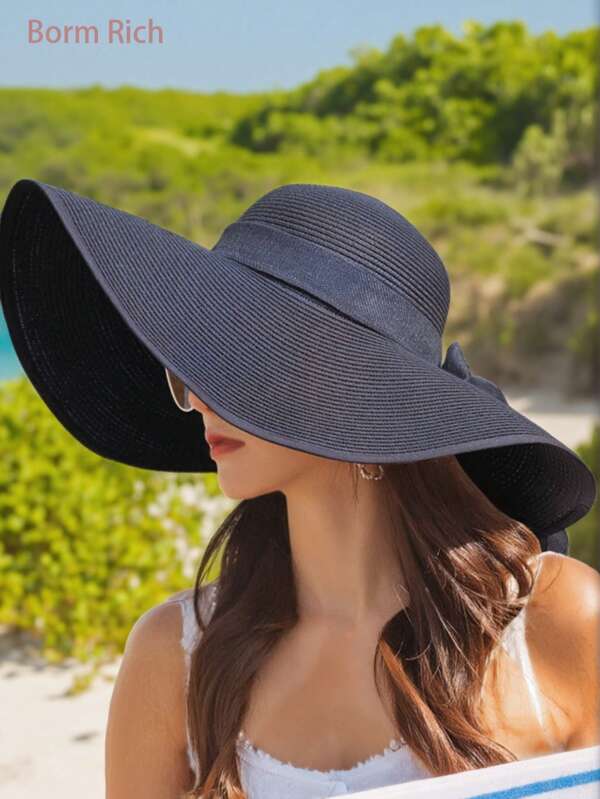 1 Stück Damen Sommer Sonnenhut - elegant & retro Stil, Strohgeflechts-Material, faltbar mit Schleife, schwarz, sonnen-schützender Strandhut für Frauen
