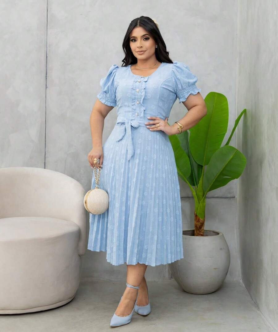 Pleated Midi Dress With Round Godet Neckline - Baby Blue - View 1