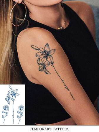 1 件花卉和英文引文临时纹身贴纸，带小玫瑰图案，防水且易于使用，适合男性和女性的手臂、腰部、脚部，自然哑光效果，持久防水假纹身，情侣、朋友、派对、礼物、旅行、音乐节的必备品