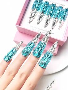 nailrosy 10Pcs Handmade Press On Nails Kit Long Stiletto Blue Bling Glitter Glistening Iridescent Luxurious Rhinestone Decor Acrylic Beach Essentials Nail Supplies Fake Nails Stickers (Random Packaging Card)3D Floral Manicure Y2K Cute For Girls And Women Festivals Parties And Daily Wear Gems Stuff French Gems Stuff - Blue - View 5