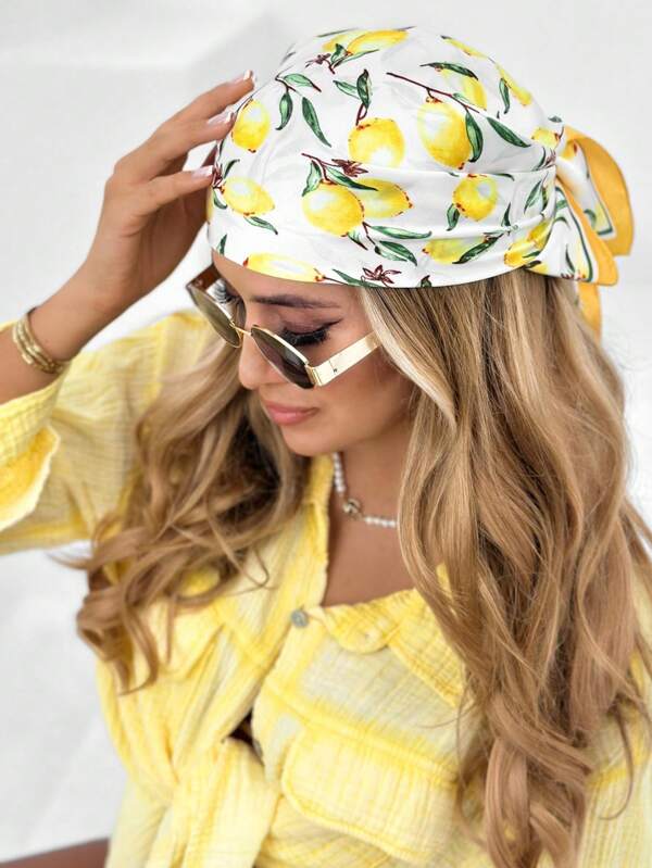 قطعة واحدة من وشاح طباعة الليمون - بولي أستر خفيف الوزن ، وشاح مربع جميل للشاطئ والسفر ، تصميم ليمون أصفر ، مثالي لملابس الربيع/الصيف ، إكسسوار للسفر | طباعة ممتعة | وشاح خفيف الوزن