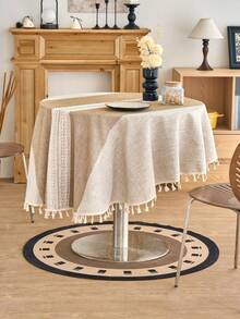 1pc American Farmhouse Style Tablecloth, Coffee Brown Striped Embroidered Tassel Decorative Cloth, Multi-Functional Cover For Coffee Tables, Office Desks, Parties, Weddings, Home Decor, All Season - Coffee Brown - View 8