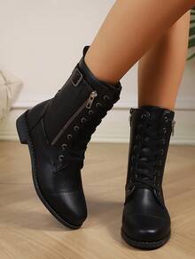 2025秋季新款低跟平底圆头系带侧拉链休闲时尚女靴，派对靴 - 黑色 - 查看 3