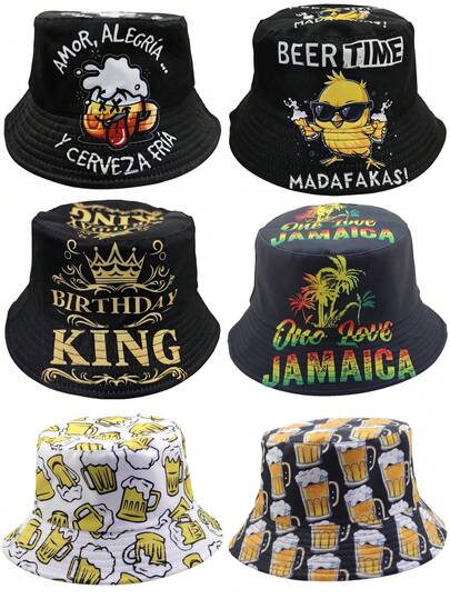 1pc "Beer Time, King, Birthday" Crown Cartoon Print Black Double-Sided Outdoor Party Travel Beach Bucket Hat, Sun Protection,Summer